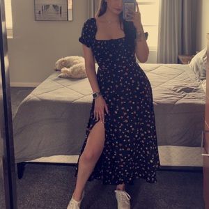 Black floral print midi dress